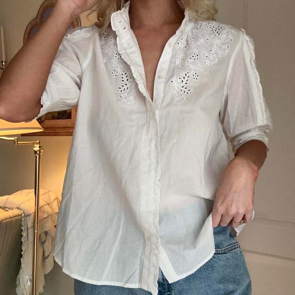 J.Crew White Eyelet Embroidered Button Down Blouse